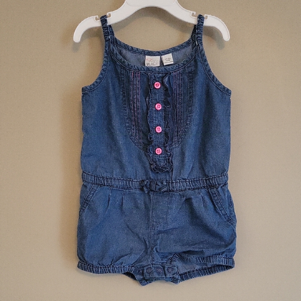 Super cute denim sleeveless short romper with pink detail